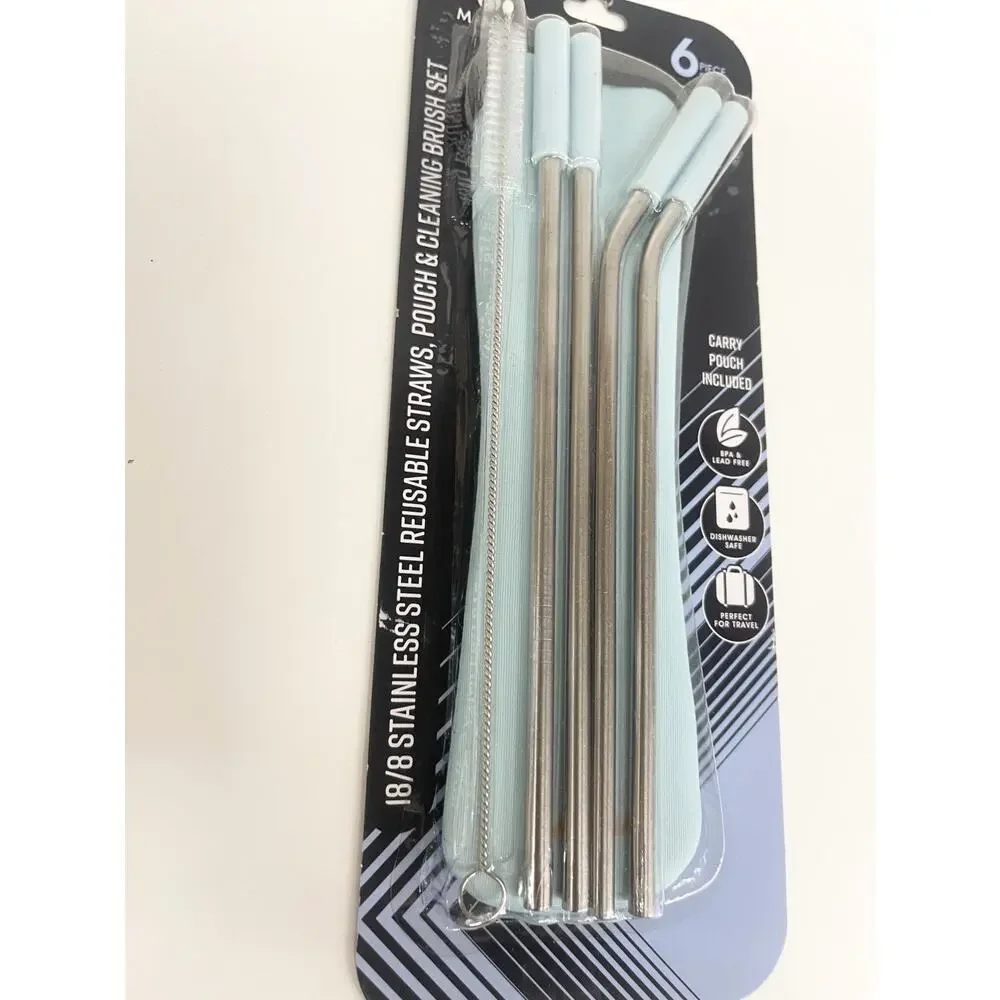 Set of 6 Stainless Steel Reusable Straw‎ Pouch & Cleaning Brush Set TEAL